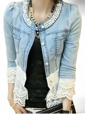 WTY Blue Jean Jacket with Faux Pearls and Lace/Crochet Cuffs & Hem - EUC